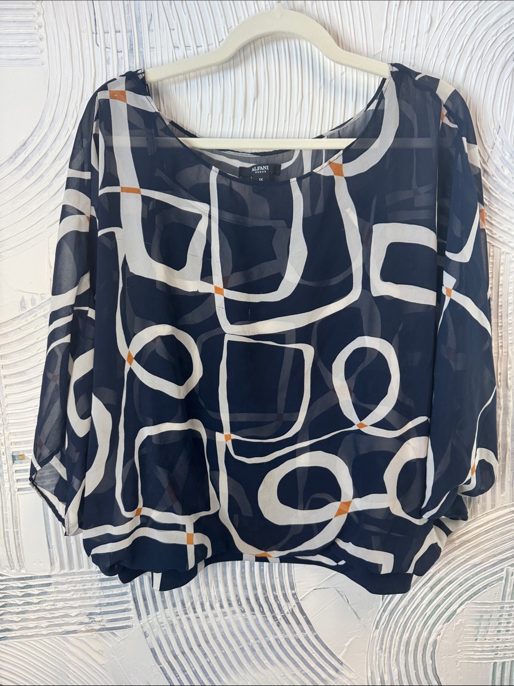 Alfani Navy White Geometric Sheer Blouse with Rust Accents N0542
